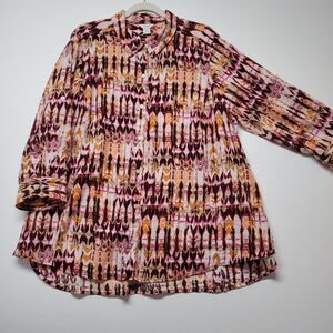 Intro Linen Blend Abstract Top Women's Sz 2X‎ Art 3/4 Roll-tab Sleeves Geometric